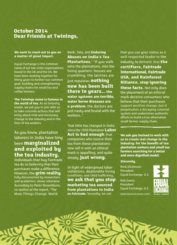 Equal Exchange Letter to Twinings